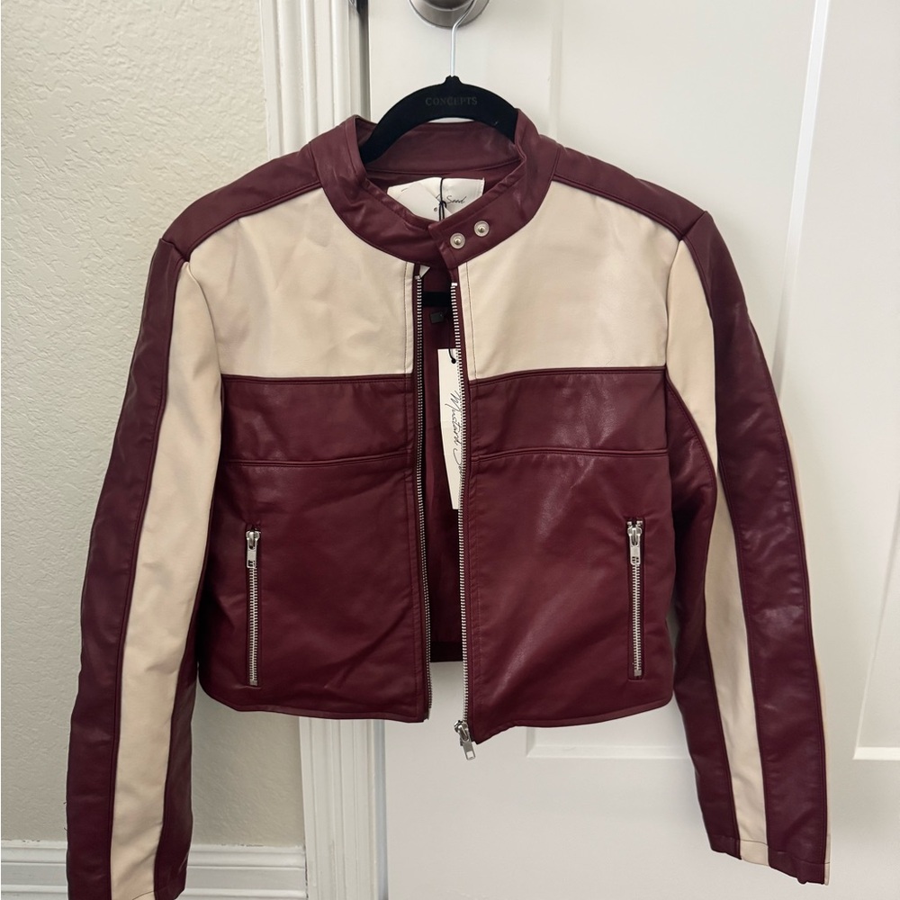 Mustard Seed Burgundy and Cream Leather Jacket